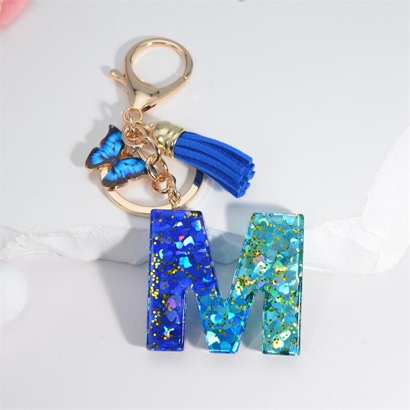 Porte-clés à pampilles avec lettre de l'alphabet anglais, pendentif papillon en cristal acrylique, cadeau JOWomen, accessoires de bijoux de mode, 26