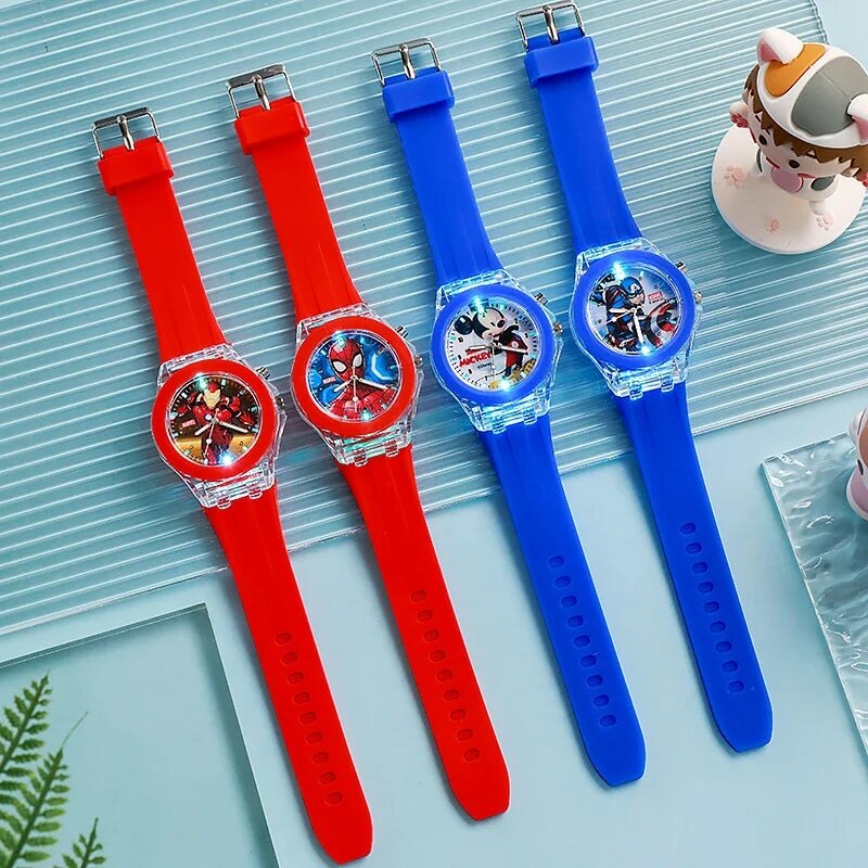 Jam tangan anak perempuan Spiderman, jam tangan anak berkilau, jam tangan silikon imut, Mickey, warna-warni, lampu, hadiah untuk anak perempuan
