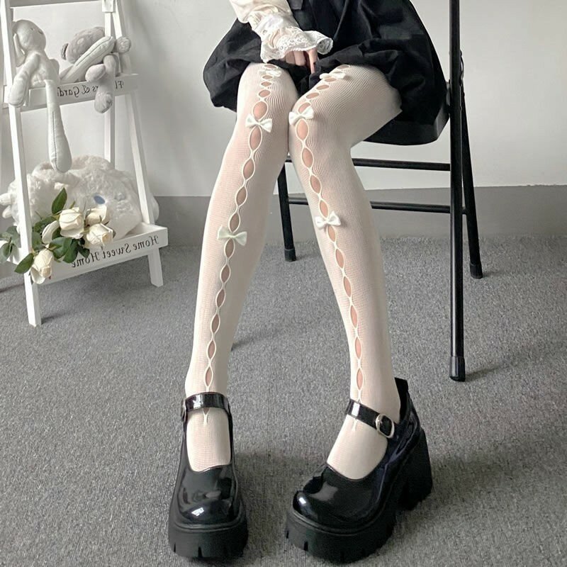 Lolita Cosplay dziewczyny kokardka rajstopy seksowne cienkie rajstopy koronkowe rajstopy Anime czarne białe kabaretki jedwabne pończochy