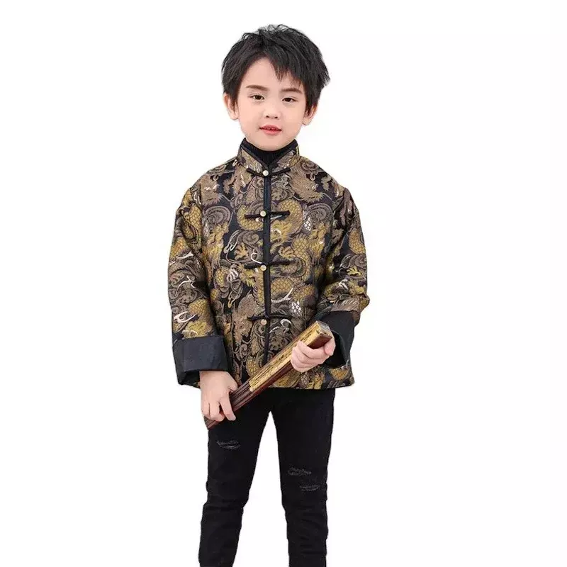 男の子、子供のための中国のギャングスーツジャケット、新年の衣装、ドラゴンプリントコート、クリスマス、冬