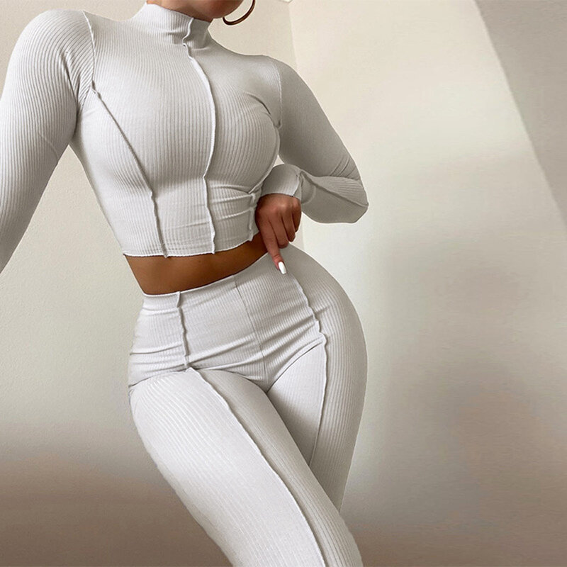 2023 Contraststeek Rugloze Bodycon Jumpsuit Sport Tweedelige Set Outfits 2023 Witte Skinny Bodycon Dames Streetwear Kleding