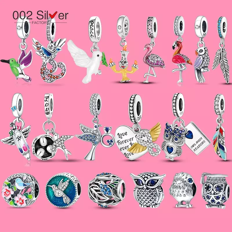 Recente pomba beija-flor magpie coruja pássaros encantos contas para pandora original 925 silve pulseiras bangle diy feminino fazer jóias presente