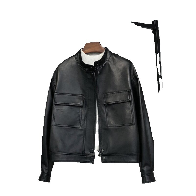 Spring Genuine Leather Jacket Women's Short Standing Collar Genuine Leather Sheep Leather Jacket Fashion Bag Jacket