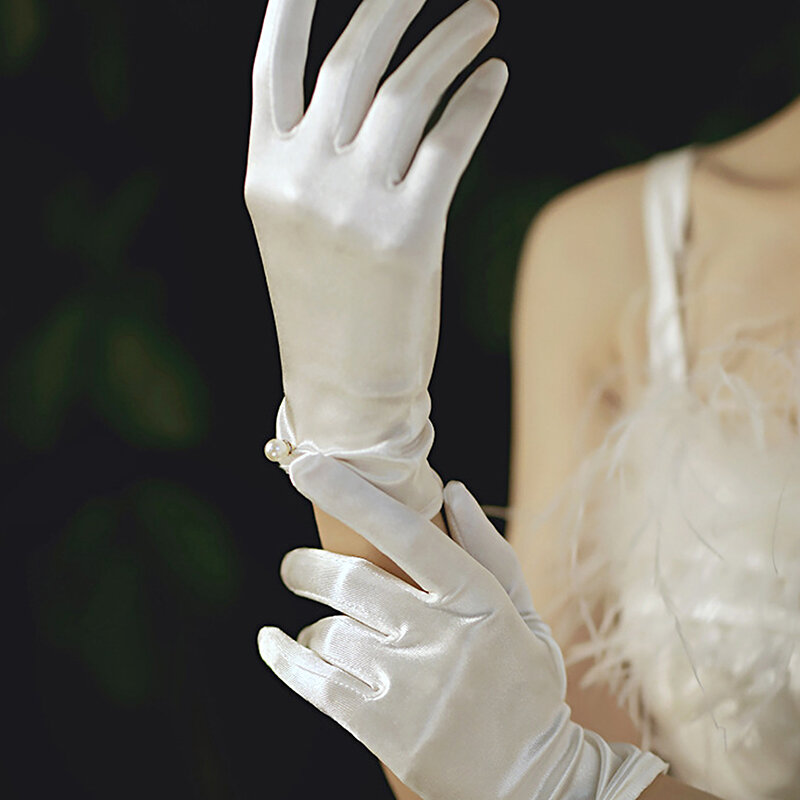Women Satin Short Sexy Gloves Elastic Bridal Wedding Banquet Thin Mittens Sunscreen Anti-UV Full Finger Gloves Dress Accessories
