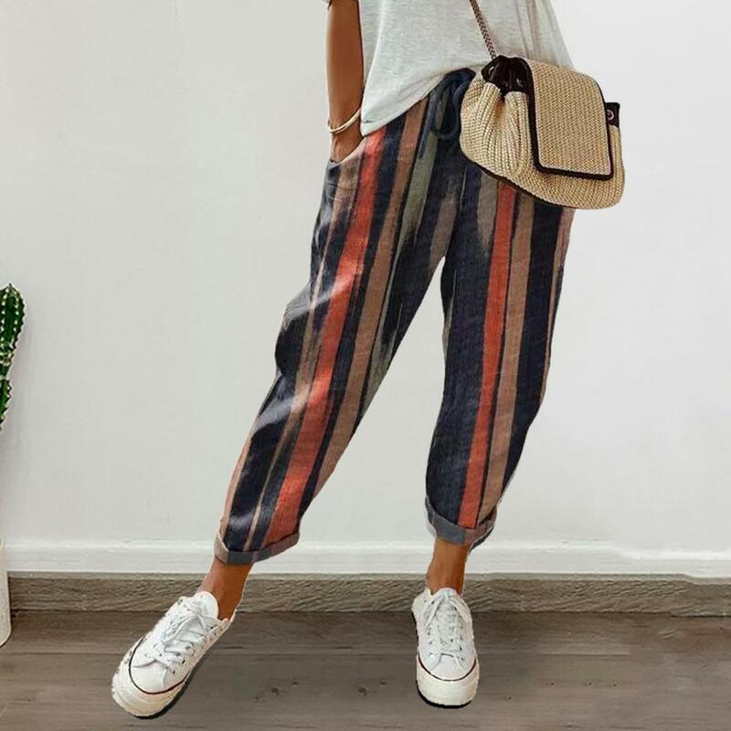 Calça feminina com elástico, design elegante de bolsos elásticos, streetwear retrô para o verão