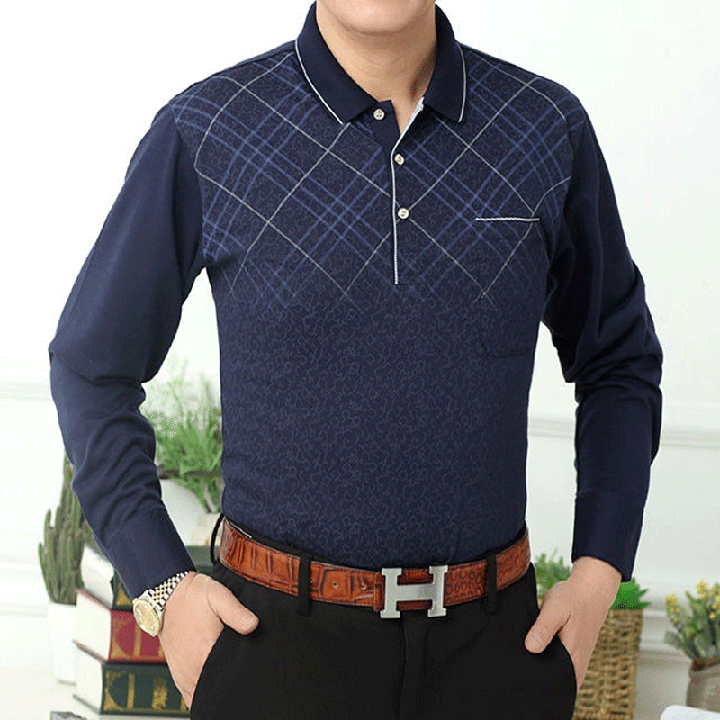 Camisa polo de manga comprida masculina, lapela larga grande, roupa estampada, bolso emendado, de meia idade e idoso, moda verão, nova