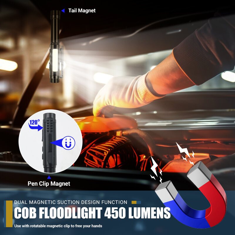 Multifunctional Mini LED Flashlight USB Rechargeable Pen Light 8 Lighting Modes Floodlight Outdoor Emergency Inspect Work Lamp