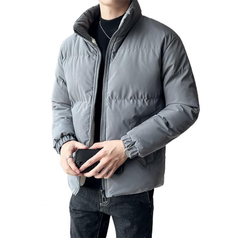 Jaqueta aconchegante de inverno masculina, jaqueta Windproof, acolchoado de pelúcia, proteção do pescoço, fechamento do zíper, estilo de retenção térmica