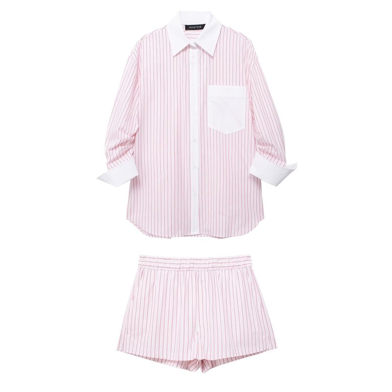 Blusa retrô de manga comprida e shorts casuais listrados para mulheres, camisa de bolso decorativa, 2 peças, moda, 2024