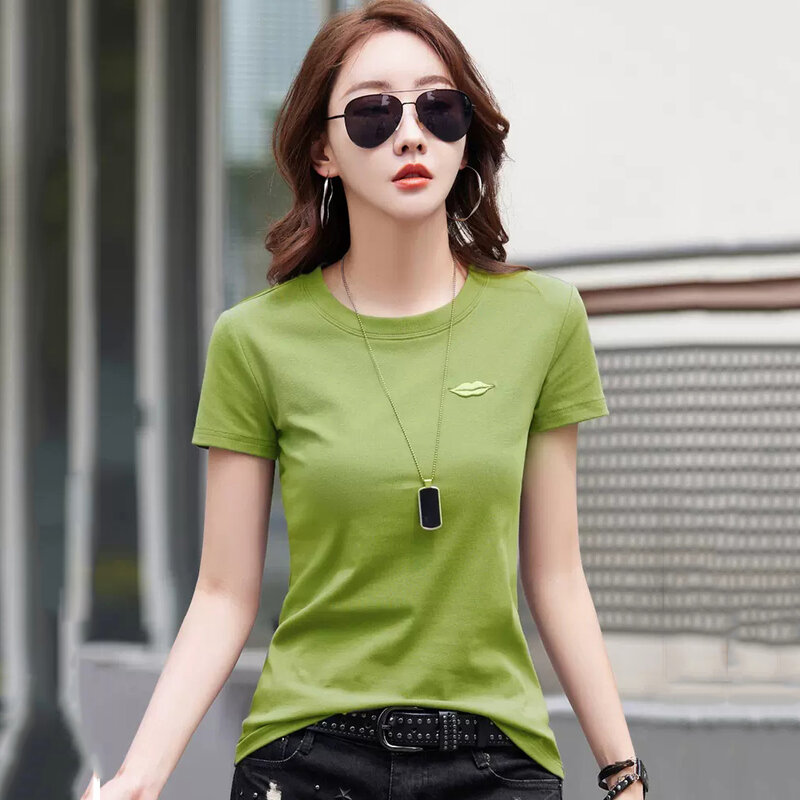 Neu Frauen Kurzarm T-Shirt Sommer Mode O-Ausschnitt Feine Stickerei Schlank T-Shirts Tops Klassisch Einfachheit Basic Baumwolle T-Shirt