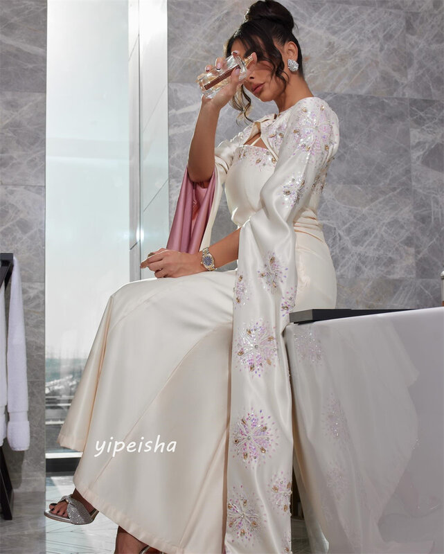 Платье для выпускного вечера Саудовская Аравия, атласное платье с бисером, драпировкой, трапециевидной формы, с V-образным вырезом, платье на заказ, платья с длинным рукавом