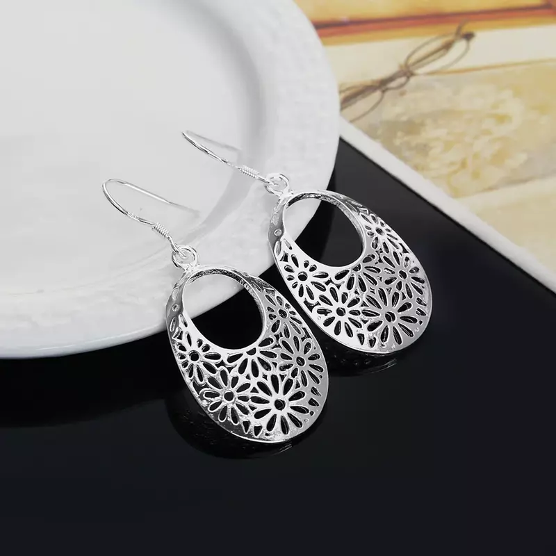 Neue 925 Sterling Silber Ohrringe für elegante Dame Frauen Schmuck geschnitzte ovale Ohrringe Muttertag Geschenke