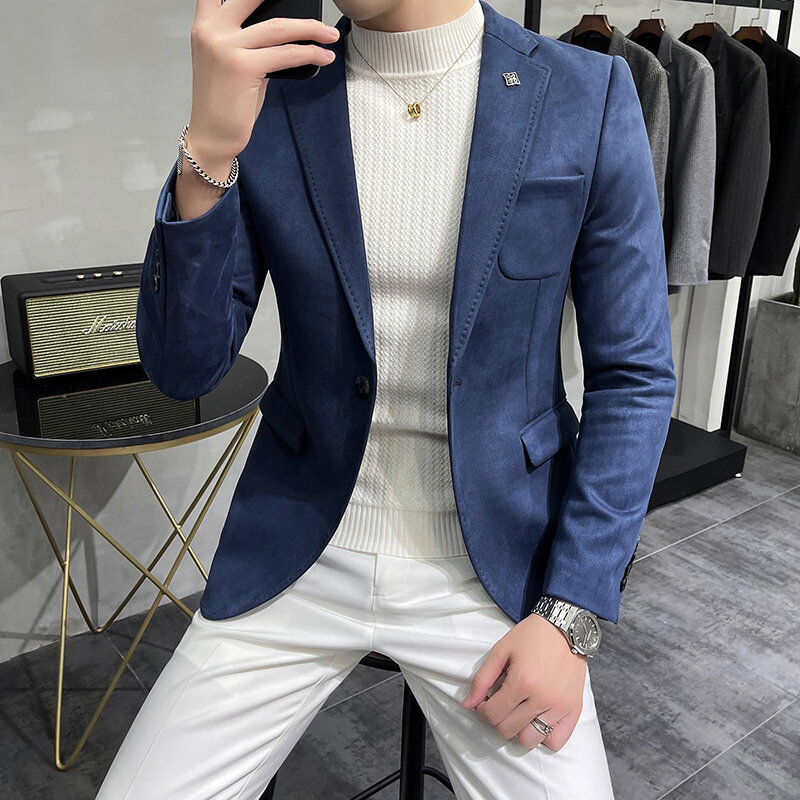 Jaqueta de couro de camurça masculina, blazer fino, roupa casual, terno de 6 cores, Hombre, 2023