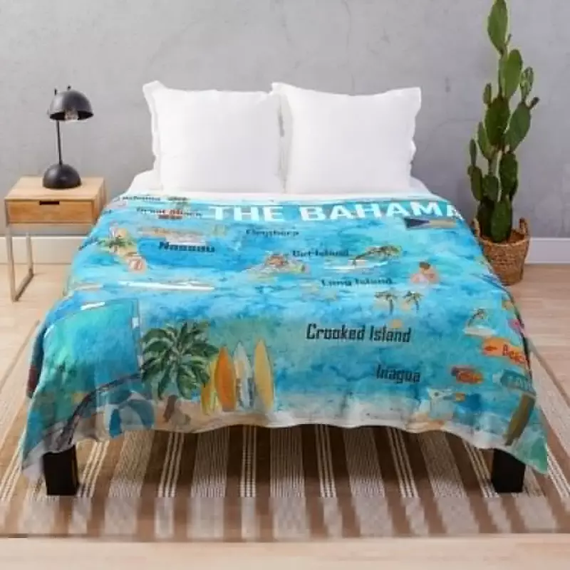 The Bahamas Illustrated Map with Main Roads Landmarks and Highlights Throw Blanket Single Furrys Polar Giant Sofa Blankets