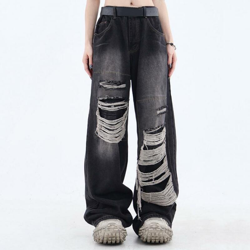 Ripped Patch Jeans Vintage Gothic High Waist Wide Leg Women's Jeans with Ripped Holes Hip Hop Style Featuring Solid Colors for A