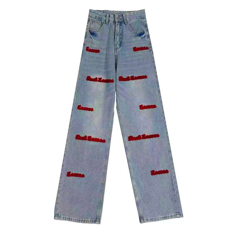 Y2K Pink Embroidered Jeans Woman High Waist Trend Straight Baggy Pants Streetwear Denim Trousers Korean Fashion Women's Jeans