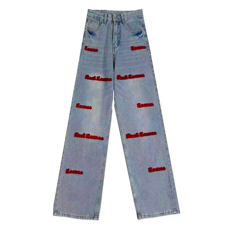 Y2k rosa bordado calças de brim mulher cintura alta tendência em linha reta calças largas streetwear denim calças de brim moda coreana