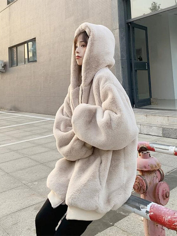 Women Faux Fur Coats Solid Hooded Mid Length Coat Splice Korean Full Sleeve Jackets Pockets Thick Warm Outerwear Winter 2024