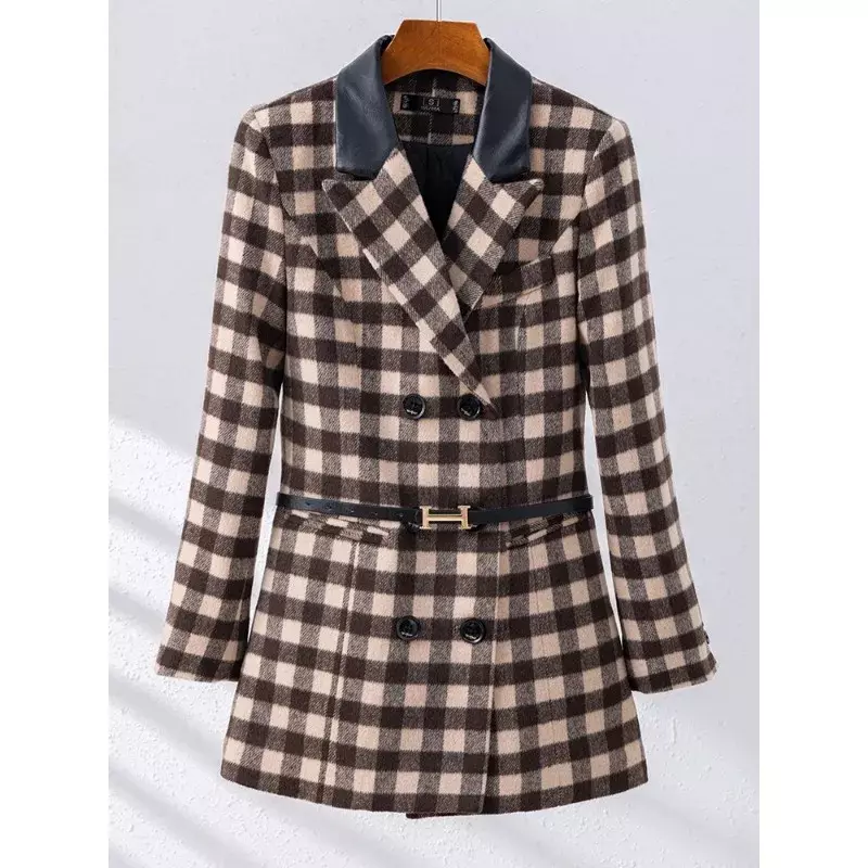 Blazer casual feminino, jaqueta xadrez feminina, manga comprida, seios triplos, roupa de trabalho, rosa, damasco, verde, outono, inverno