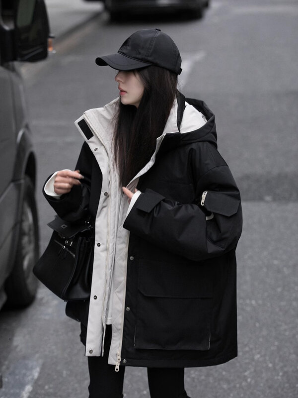 Korean Fashion Girls Windbreaker Hooded Winter Warm Coat Loose Design with Side Pockets Zipper Up