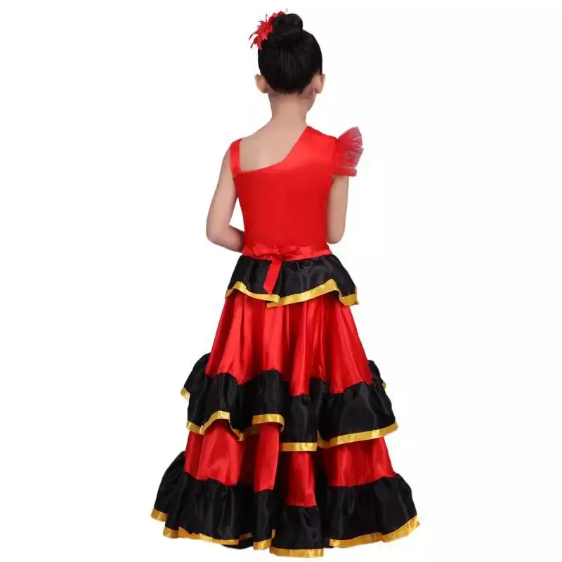 Vestido para dança do ventre com cabeça flor para crianças, traje espanhol de flamenco, vestido tribal para meninas, vermelho