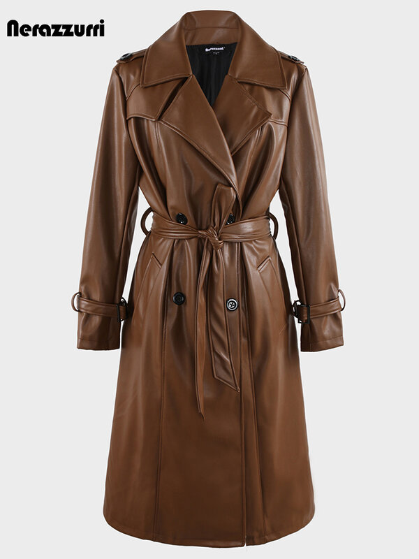 Nerazzurri mantel panjang musim gugur untuk wanita, pakaian Trench kulit Pu warna hitam cokelat dengan kancing dua baris, mantel elegan mewah untuk wanita