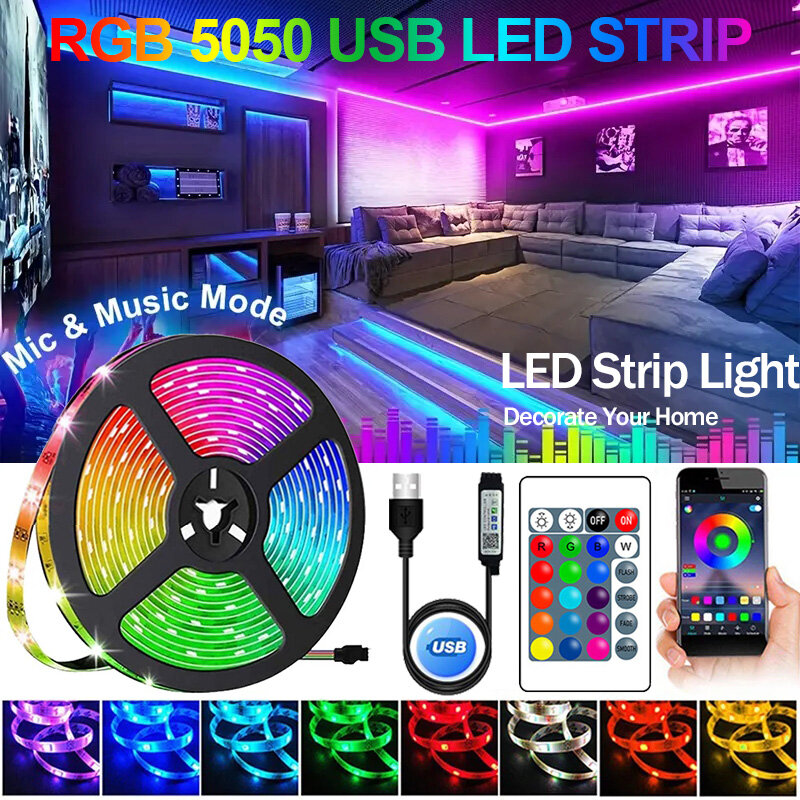 Tira de luces LED con Bluetooth, Wifi, USB 5050, SMD, 5V, RGB, cinta de diodo Flexible para decoración de habitación, retroiluminación de TV