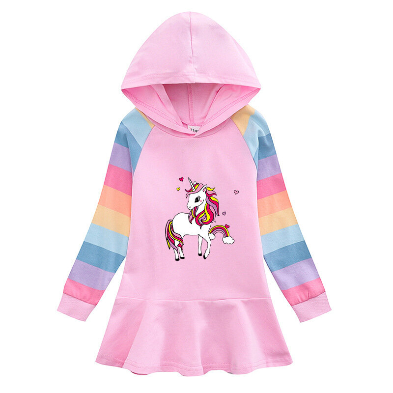 Vestido a rayas de unicornio para niña, suéter de manga larga con capucha, Dress2-8Y de princesa, primavera y otoño, 2024