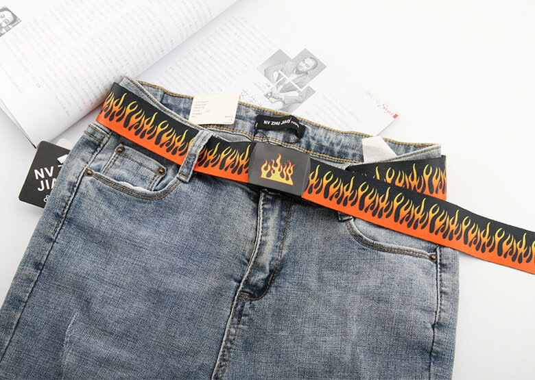 Spot Harajuku Fashion Hip Hop Korean Edition Trend Men's Canvas Belt Personality Casual Flame Belt Factory Direct Supply