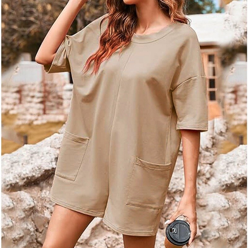 New Women's V-neck Double Pocket Casual Front & Back Wearing Short Sleeve Jumpsuit 2024 Summer Female Fashion Loose Romper