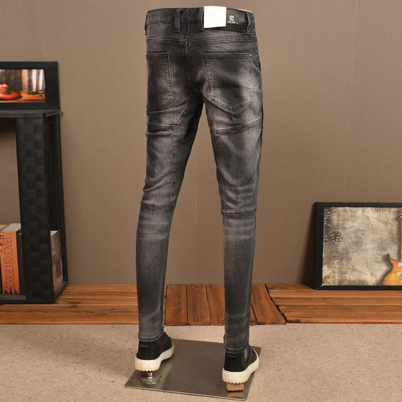 High Street celana Jeans pria Retro hitam abu-abu Stretch Slim Fit disambung desainer Biker Jeans Homme Hip Hop Denim Punk celana pria