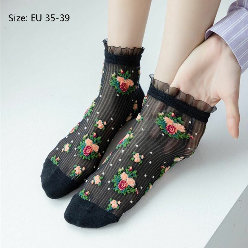Crystal Silk Socks Women Summer Ultra-thin Transparent Low Cut Ankle Socks Floral Embroidery JK Lolita Kawaii Lace Ruffle Socks