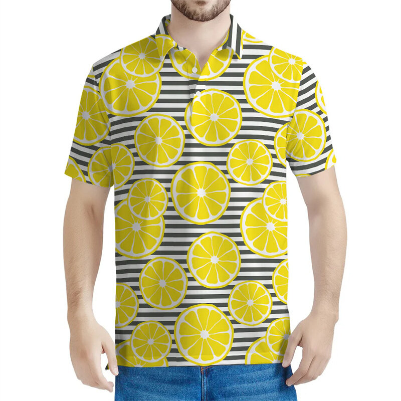 Polo de limón amarillo de dibujos animados para hombre, Camiseta holgada de manga corta con estampado 3d de frutas y botones, Tops informales de verano con solapa