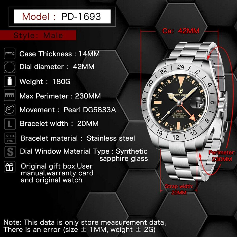PAGANI DESIGN-GMT Relógio mecânico automático para homens, relógio retro clássico, aço inoxidável, 200m relógio à prova d'água, novo, 2022
