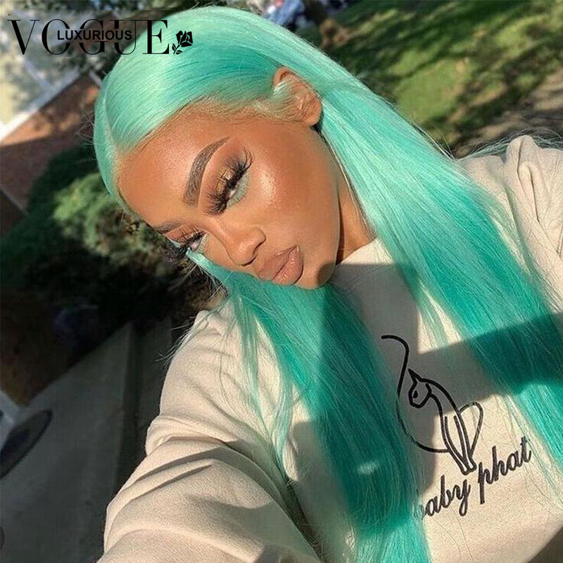 5x5 bezklejowe zamknięcie koronki 13x4 miętowe kolor zielony przednie wisy proste ciało falują ludzkie włosy frontalna peruka naturalną linią włosów dla kobiety