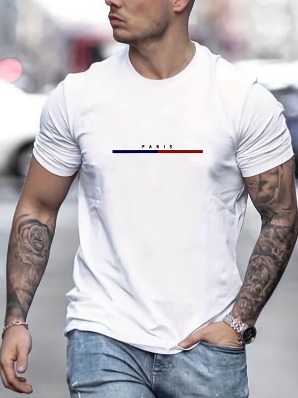Camiseta de manga corta 100 de algodón para hombre, Camiseta holgada de París