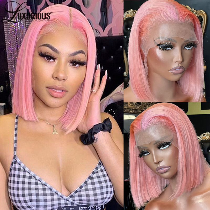 13 × 4 różowe krótkie proste peruki wstępnie oskubane HD przezroczysta koronkowa peruka czołowa dla kobiet bezklejowa brazylijska peruka dziewicze włosy