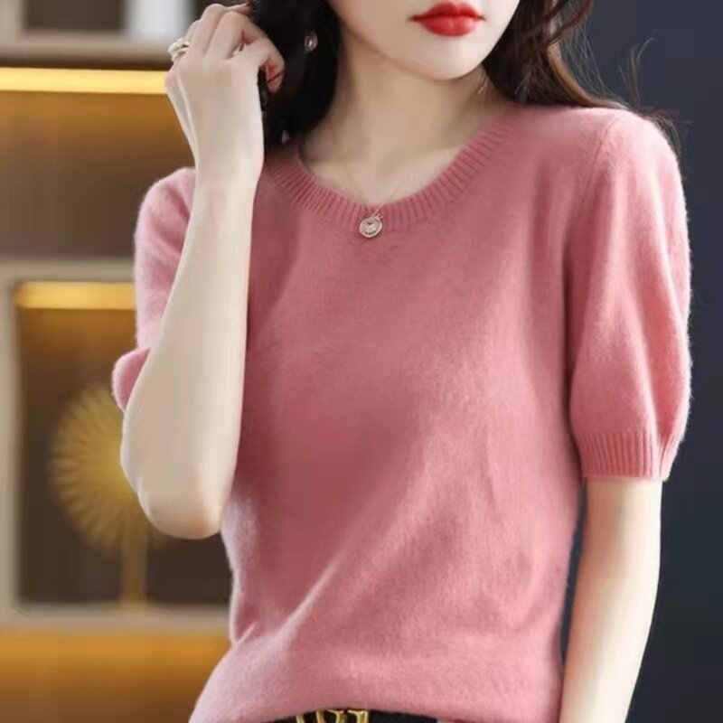 100% 순수 양모 반팔 스웨터 여성의 둥근 목 봄과 가을 풀오버 반팔 짧은 느슨한 얇은 바닥 셔츠