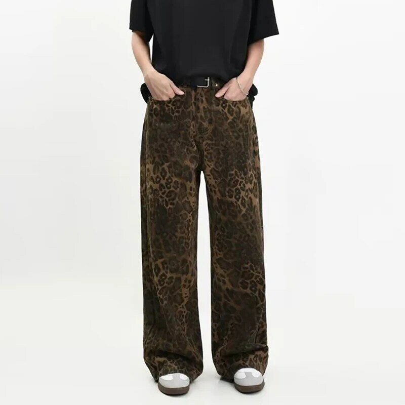 Tan Leopard Jeans Women&Men Denim Pants Female Oversize Wide Leg Trousers Street Wear Hip Hop Vintage Cotton Loose Casual