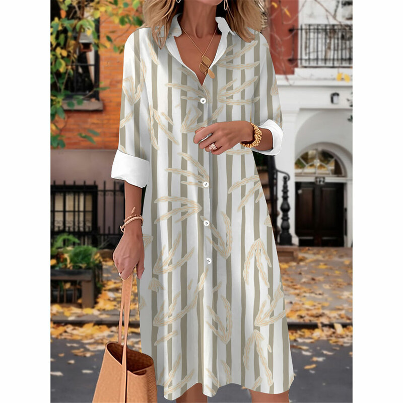 2024 Summer Fashion New Striped Flower Leaf Print Women's Suit Collar Long Sleeve Casual Dress Daily Loose Comfortable S-5XL