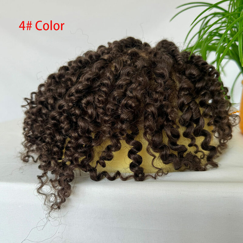 Wig keriting rambut manusia Pria, pengganti penuh renda rambut palsu Swiss untuk Pria Hitam 10x8 inci cokelat #4 warna