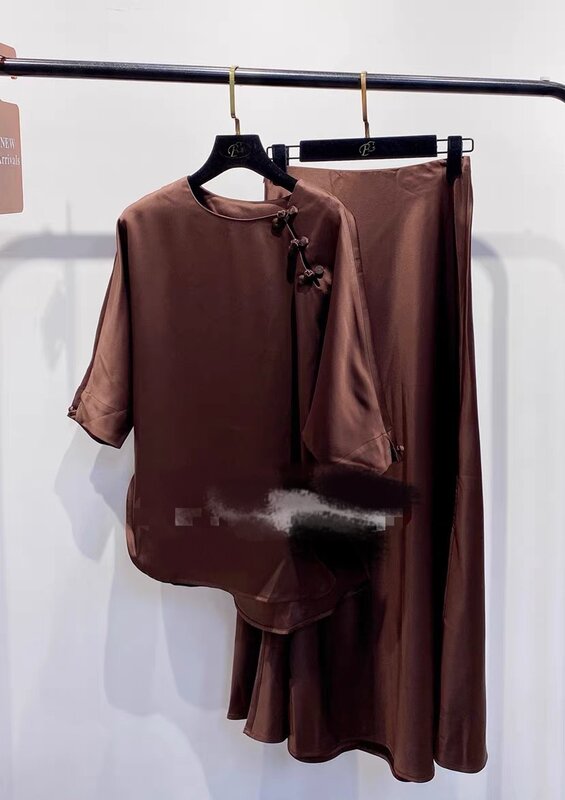 Высококачественный модный костюм, 100% ацетатный шелк, элегантная рубашка в китайском стиле➕Комплект из двух предметов с юбкой