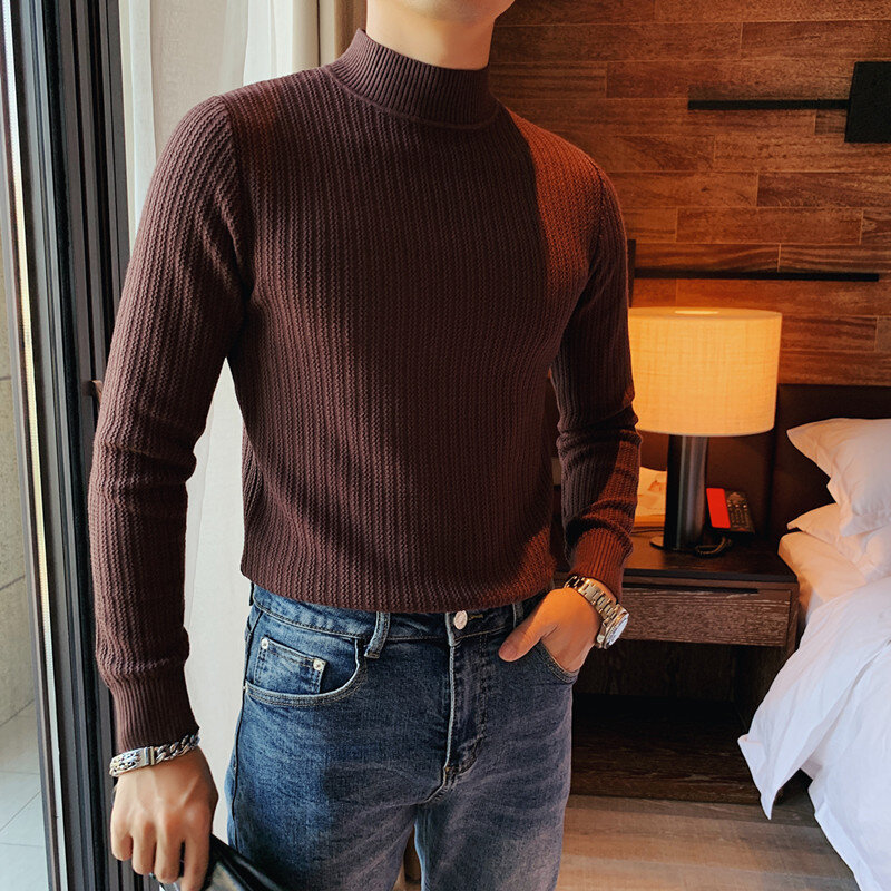 2023 стильный однотонный свободный Универсальный вязаный свитер с воротником-стойкой, Мужская одежда, Осенние Новые повседневные пуловеры, теплые корейские Топы