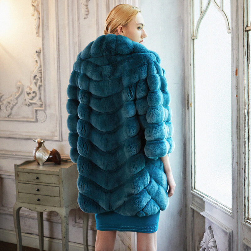 Abrigo de piel de conejo Rex Natural para mujer, solapa de longitud media, abrigo de piel Real, abrigo de piel de Chinchilla de lujo