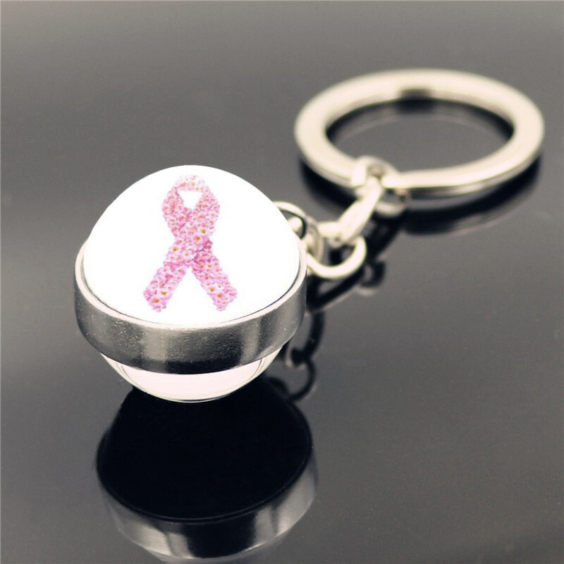Gantungan kunci liontin bola kaca dua sisi, gantungan kunci logam liontin kanker payudara pita merah muda 1 buah