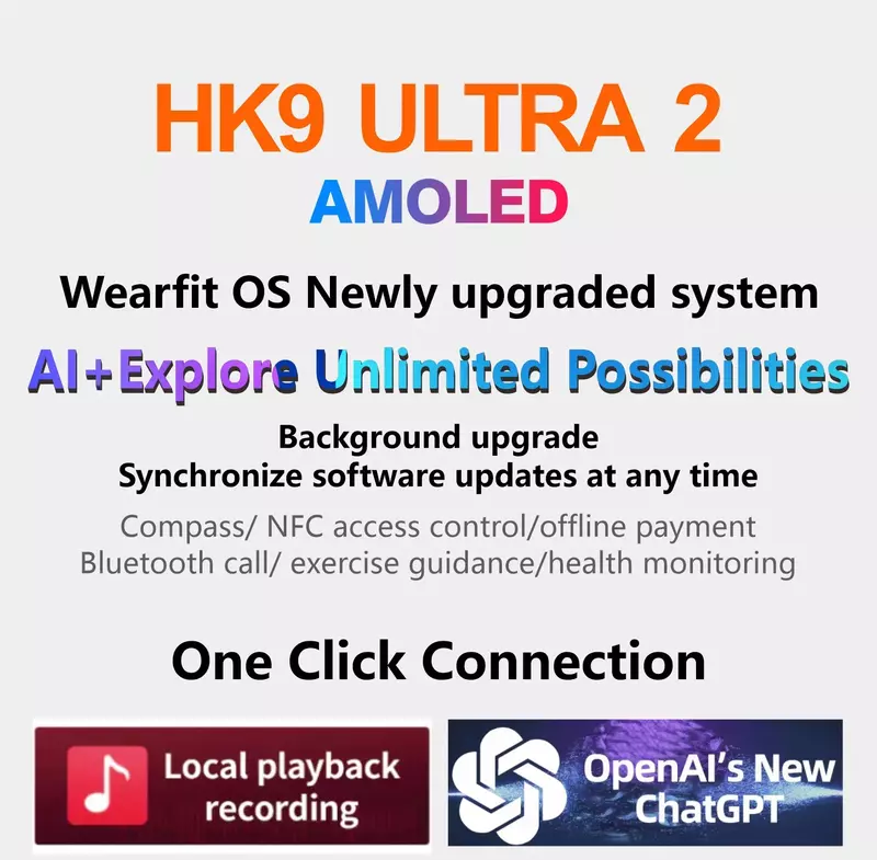 HK9 Ultra 2 AMOLED Smartwatch Masculino, 2GB, 2024 Relógio Ultra Ultra2, ChatGPT, NFC, Relógio Ai, Face Compass, PK Hello Watch3 Plus
