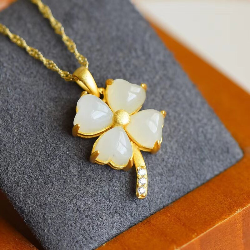 S925 Silver Inlaid Hetian Jade Pendant Natural Lucky Stone Four-leaf Clover Necklace Pendants Fine Women Charm Jewelry Jewellery