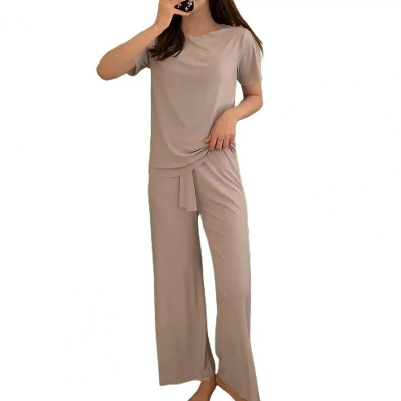 Женская летняя одежда 2023, футболки из вискозы с круглым вырезом и коротким рукавом, широкие штаны на шнурке, комплект одежды для отдыха