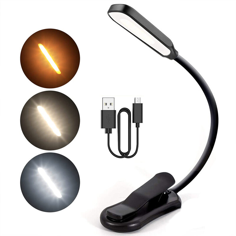 USB 충전식 휴대용 독서 라이트, 유연한 간편 클립, 3 단계 따뜻하고 시원한 백색광, 7 LED