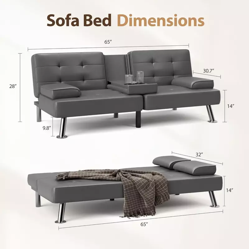 Sofá cama plegable Convertible para sala de estar, reposabrazos extraíble, tapizado de piel sintética, patas de Metal